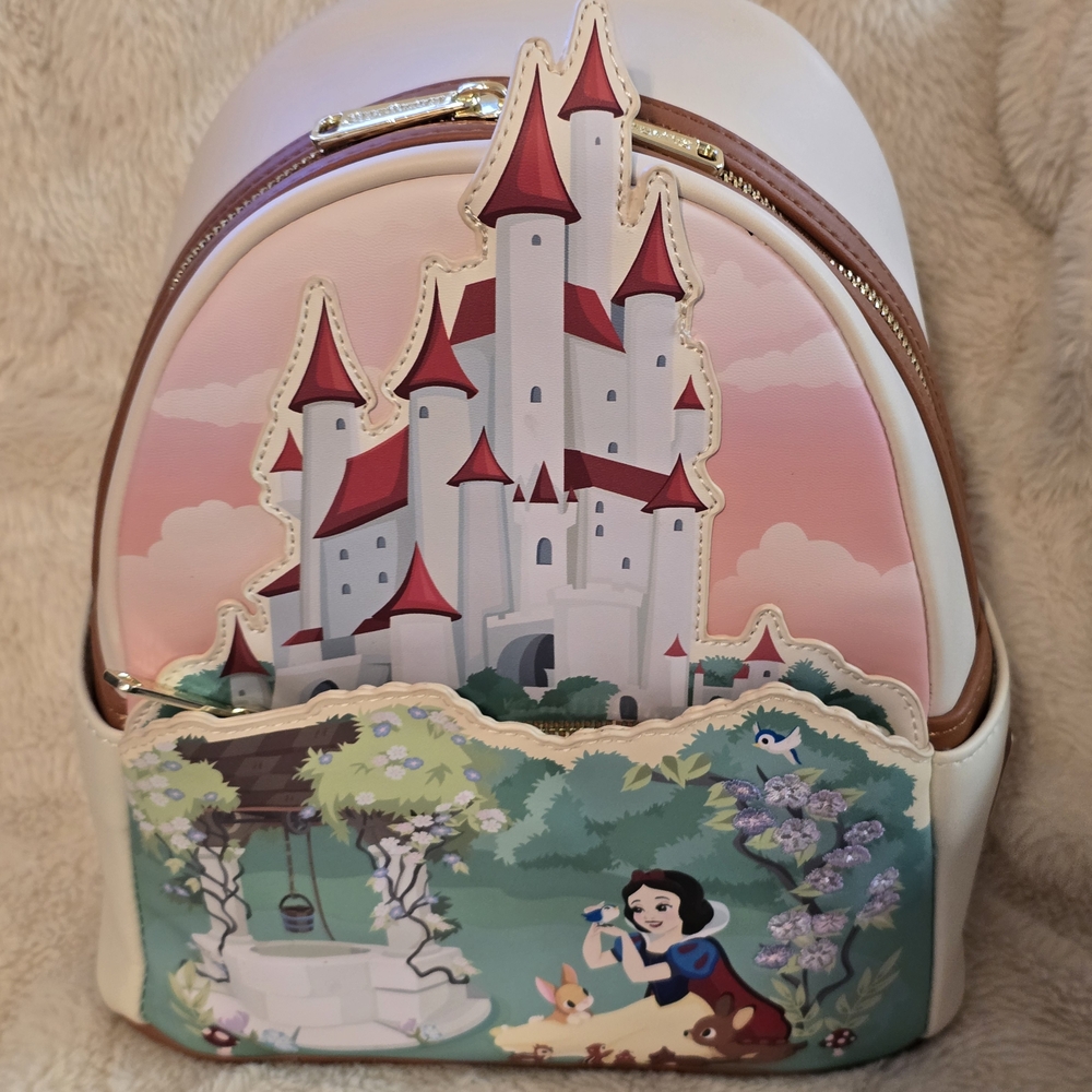 Loungefly Snow White Castle and Character Backpack - Pink and White